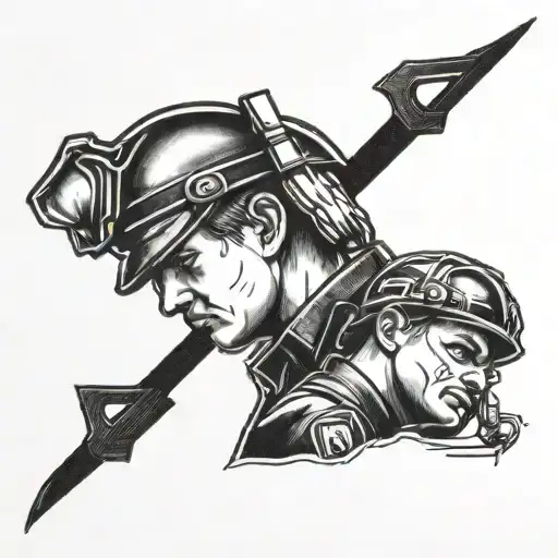 A Blackwork Tattoo Of A Police Officer And Firefighter Standing Together In Unity