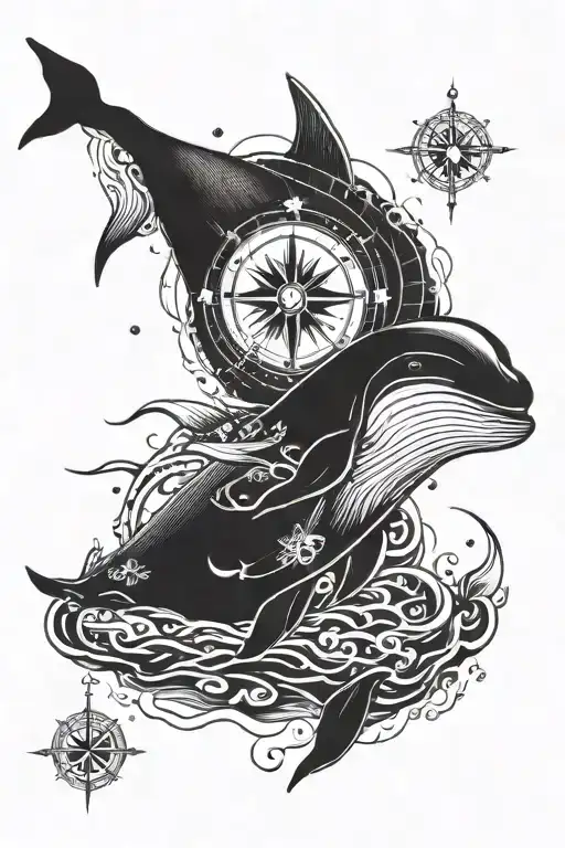 A Swimming Whale And Compass Surrounded By Various