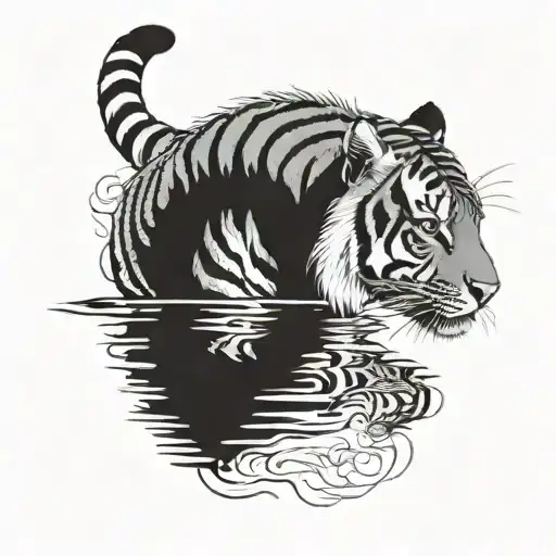 A Roaring Tiger Reflection Of A Small Cat On Water