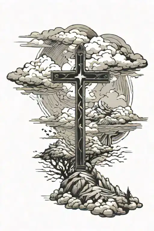 Religious Cross With Clouds And Mountains Surrounding