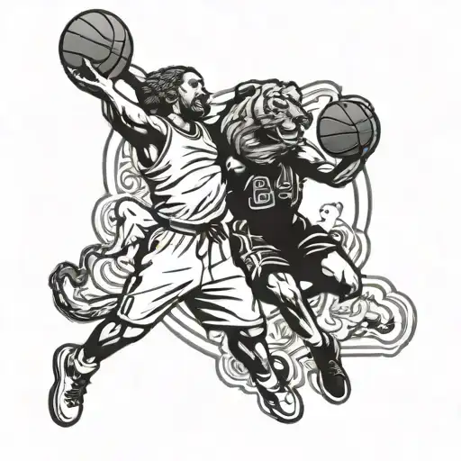 A Basketball Player Dunking With A Lion And Tiger On Either Side