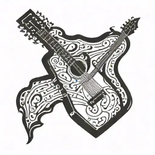 A Guitar With Musical Notes Forming A Heraldic Shield Design