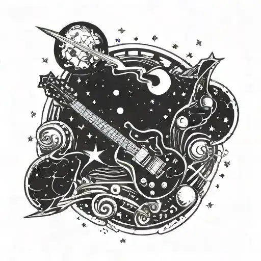 A Cosmic Guitar Floating In Outer Space Surrounded By Stars And Planets
