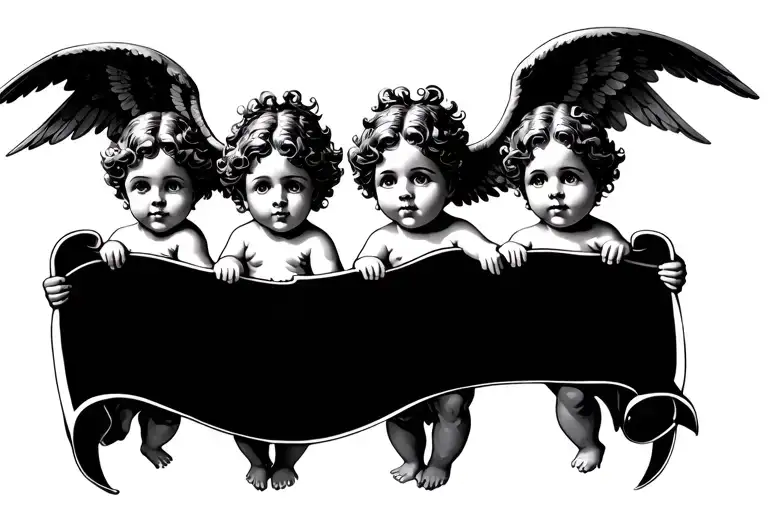 Four Cherub Angels Holding Banner For A Back