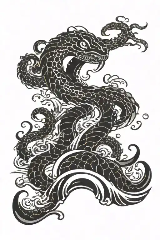 Traditional Japanese Tattoo With A Kraken Lurking Above The Waves