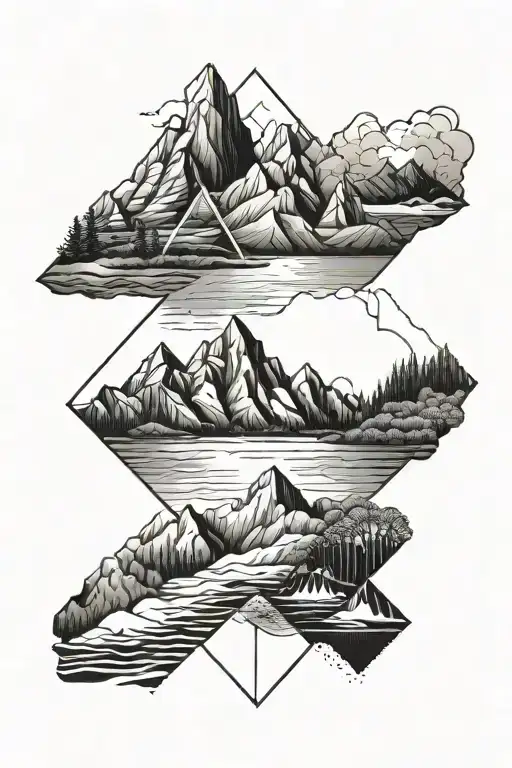A Geometric Mountain Range With A Hidden Beach Scene Inside