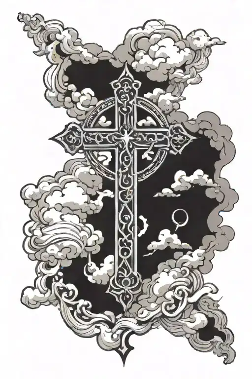 Religious Cross Intertwined With Clouds Surrounding
