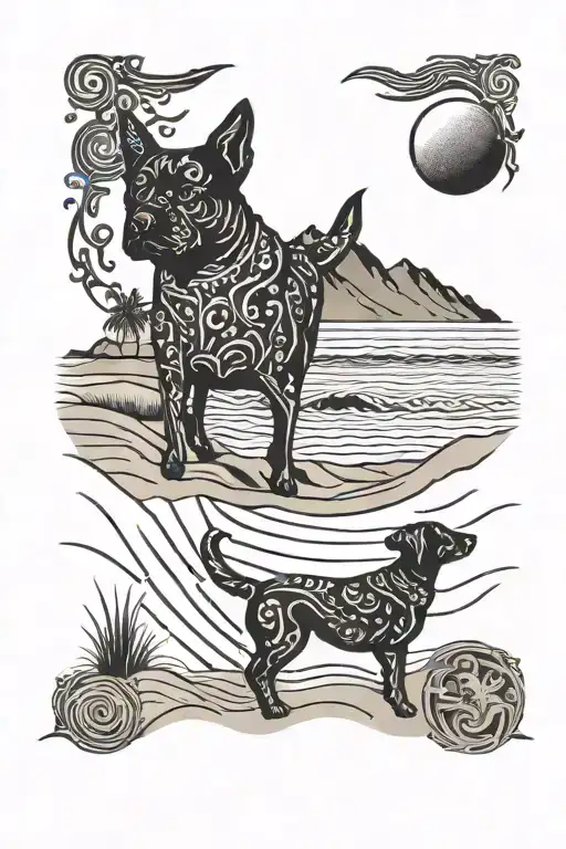 Sunrisre On Sand Beach With Dog Playing