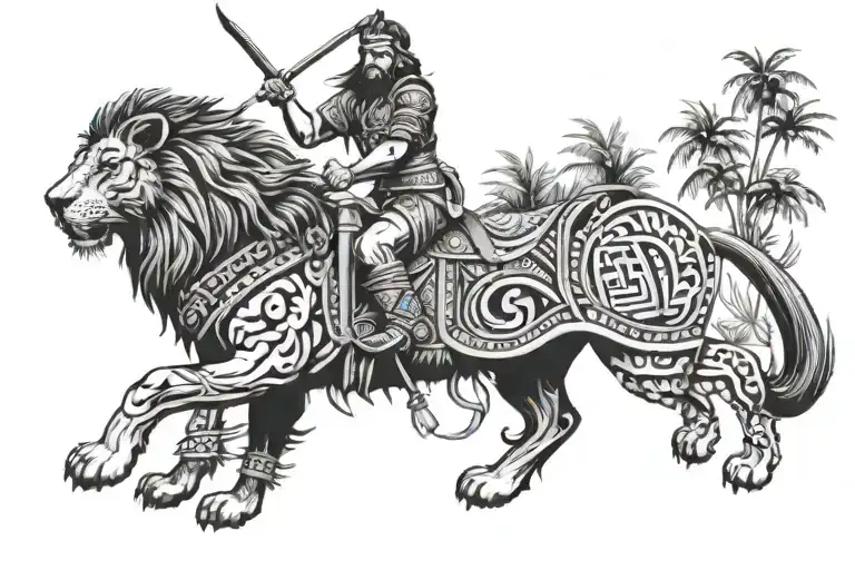 A Polynesian Warrior Riding A Majestic Lion Through A Jungle Trail