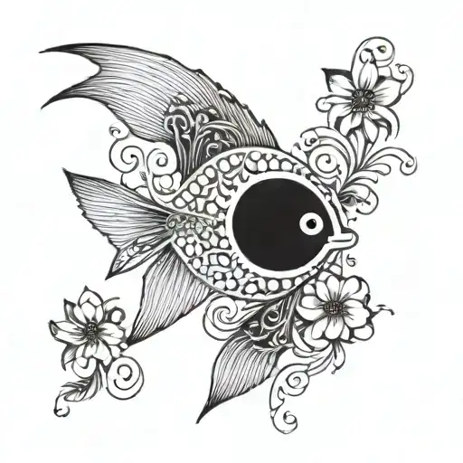 A Blackwork Tattoo Of A Pisces Symbol Surrounded By Intricate Floral Patterns