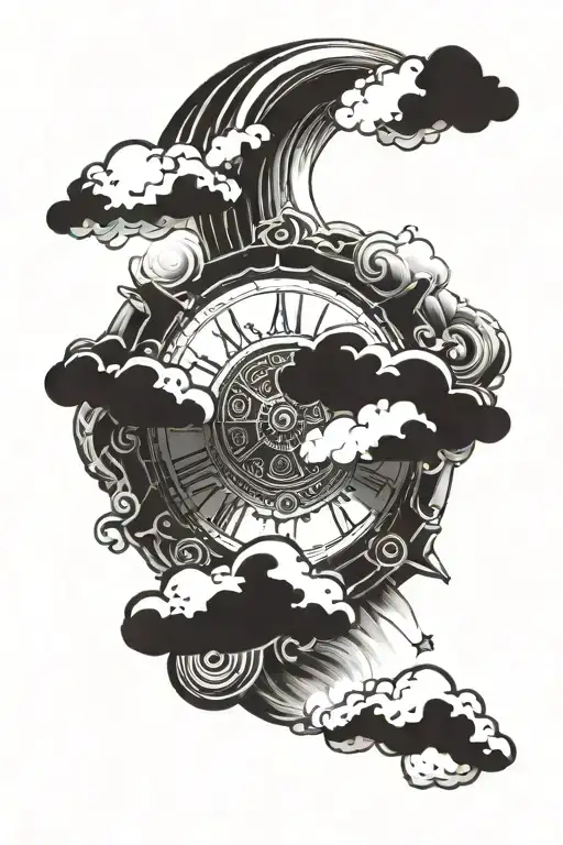 Clouds Surrounding A Open Scroll Wheel With Sun Beams Behind It