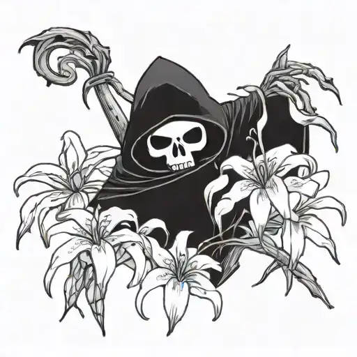 A Photorealistic Small Cute Grim Reaper Looking At And Holding A Tiny Spider Lily
