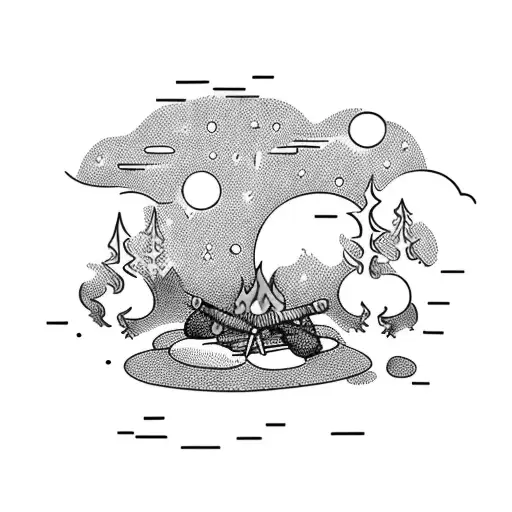 A Boy Sitting Next To A Campfire With A Moon In The Background