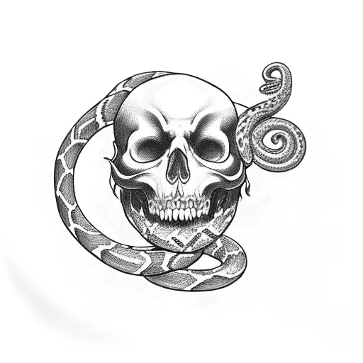 A Scull With A Snake Through Its Eyehole And A Red Rose In The Scull Mouth