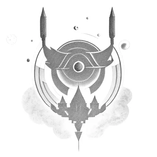 A Blackwork Tattoo Of A Spaceship Exploring A Galaxy