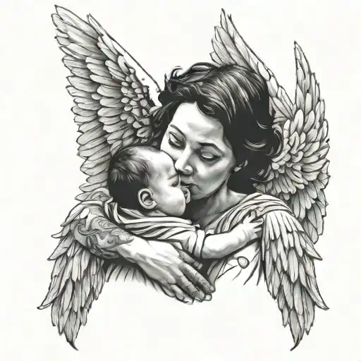 A Portrait Of A Mother Holding A Baby With Angel Wings