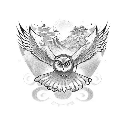 Owl Flying Over Japanese Waves