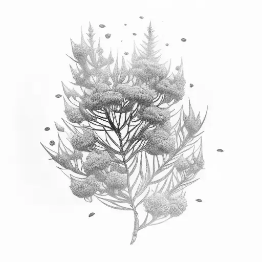 A Beautiful Caliandra Blooming In The Midst Of A Blackwork Forest Scene