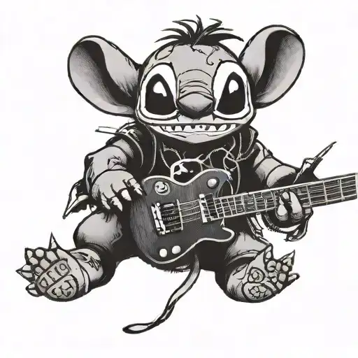 A Blackwork Tattoo Of Stitch In A Punk Rock Outfit With A Guitar