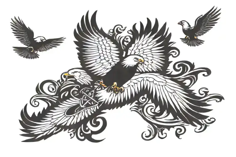 Flying Eagle Back Featuring Ynwa Letters Tattoo Design