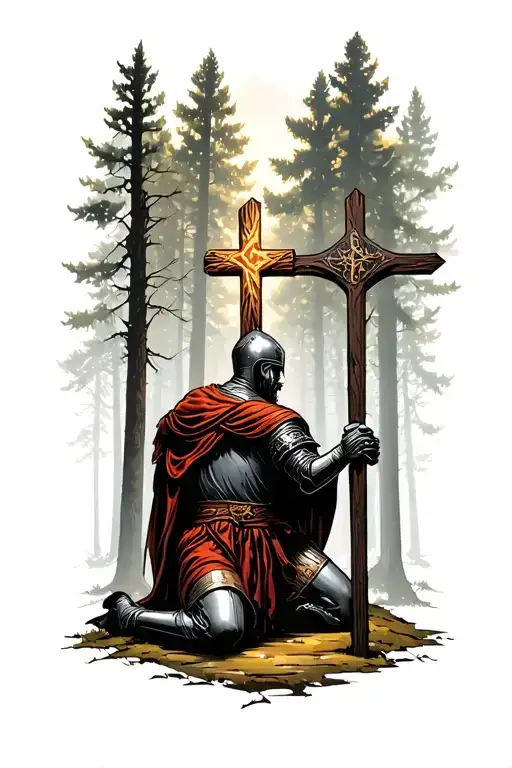 Knight On His Knees In Front Of A Cross In The Middle Of The Forest