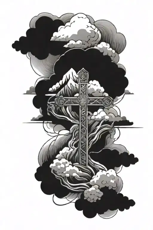 Religious Cross Intertwined With Clouds And Mountains Surrounding