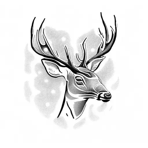A Dotwork Tattoo Of A Deer Silhouette With Explosive Symbols In The Background