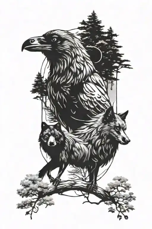 Raven And Wolf With Trees