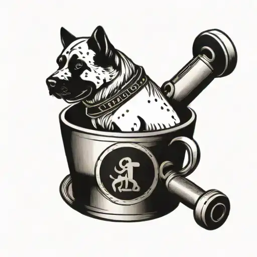 A Coffee Cup With A Dog Silhouette And Weightlifting Equipment Intertwined In The Design