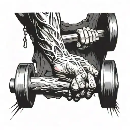 A Detailed Anatomical Drawing Of A Muscular Arm Lifting A Heavy Metal Barbell In A Dark Cave Setting