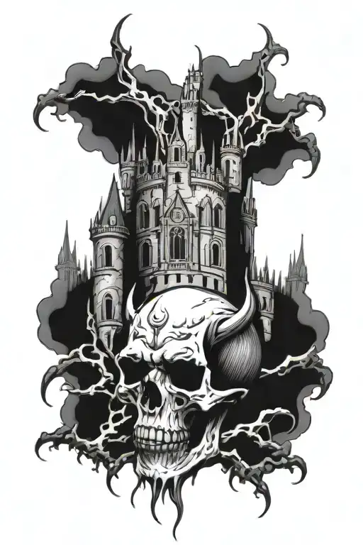 Gothic Castle Outline And Devil Face And Skull Surrounded