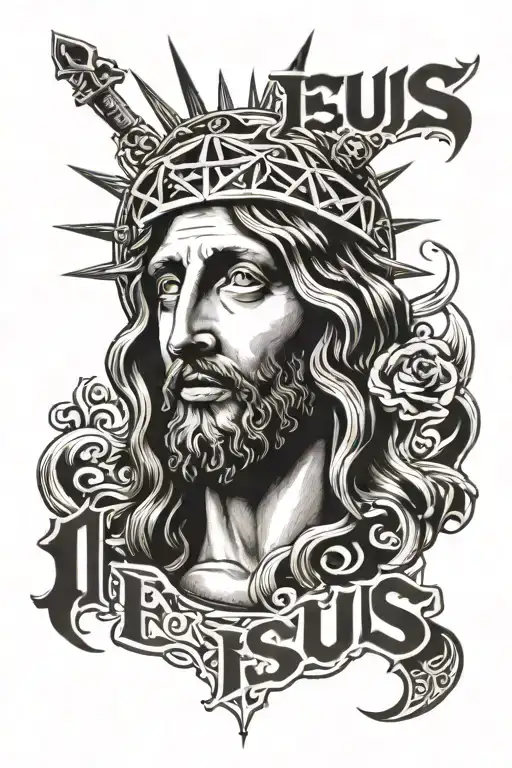 Jesus Face Tattoo With The Name Daniela On The Pinky Side And The Year 2007 On The Thumb Side