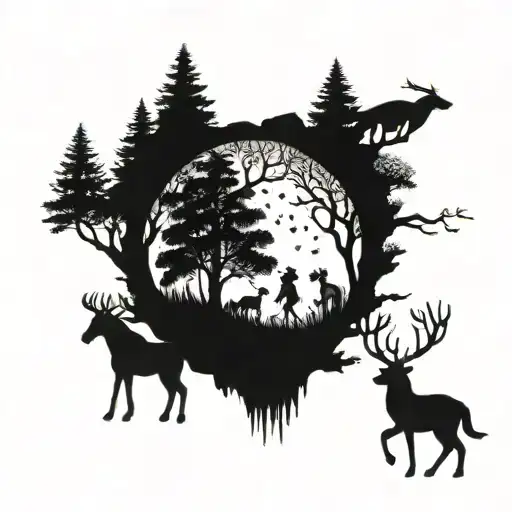 Enchanted Forest Scene With Your Kids Playing Among The Trees And Animals