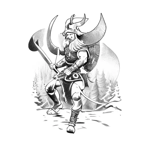 A Fierce Viking Warrior Battling A Mythical Creature In A Dense Forest