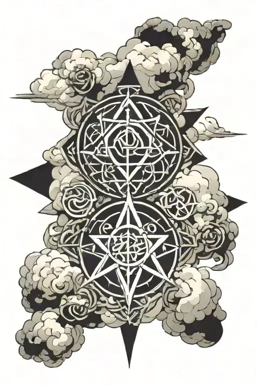 Religious Symbols Intertwined With Clouds Surrounding