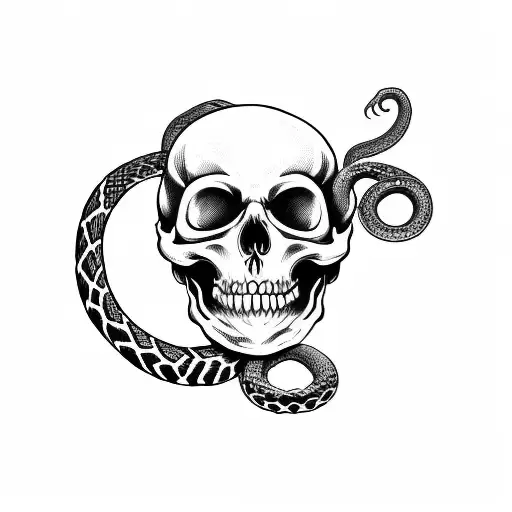 A Scull With A Snake Through Its Eyehole And A Red Rose In The Scull Mouth
