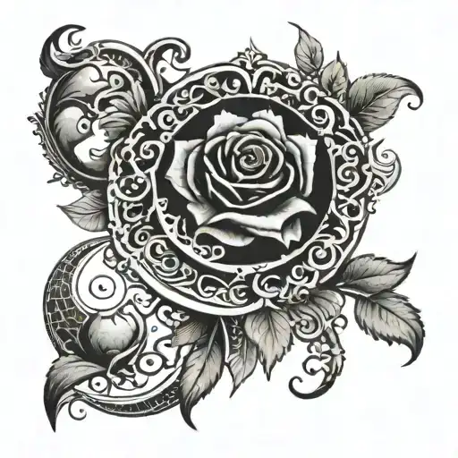 Ornamental Tattoo With Rose In Centre And Crescent Moon Above It