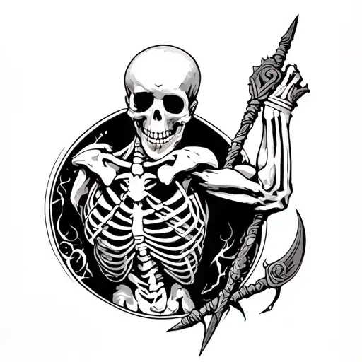 Warrior Upper Back Tattoo Of Skeleton Fighter