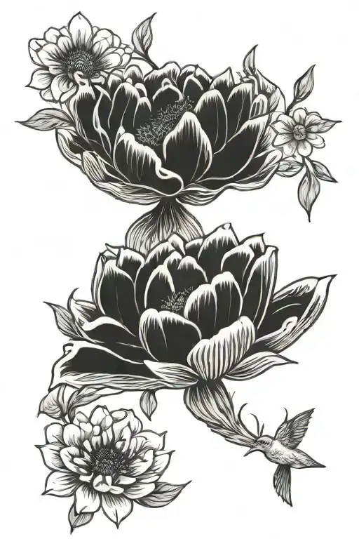 Fresia Flowers Peony Lotus Sunflower Tattoo Bird Perched
