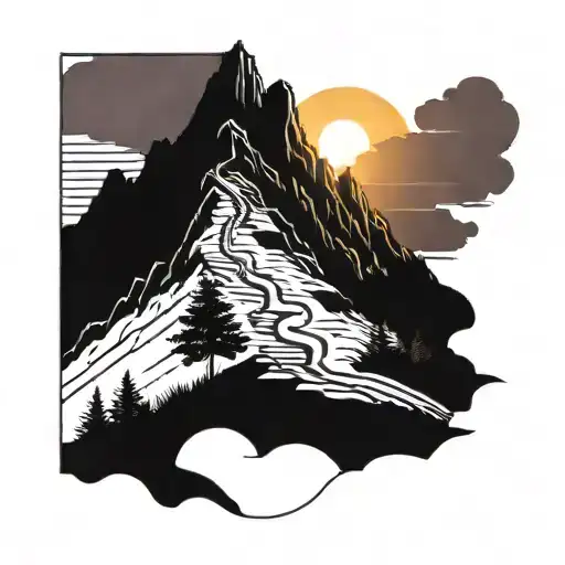 A Detailed Mountain Landscape With A Winding Hiking Trail Leading To A Beautiful Sunset