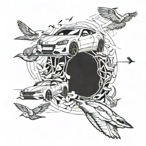 A Tattoo Featuring A Sports Car Surrounded By Birds In Flight