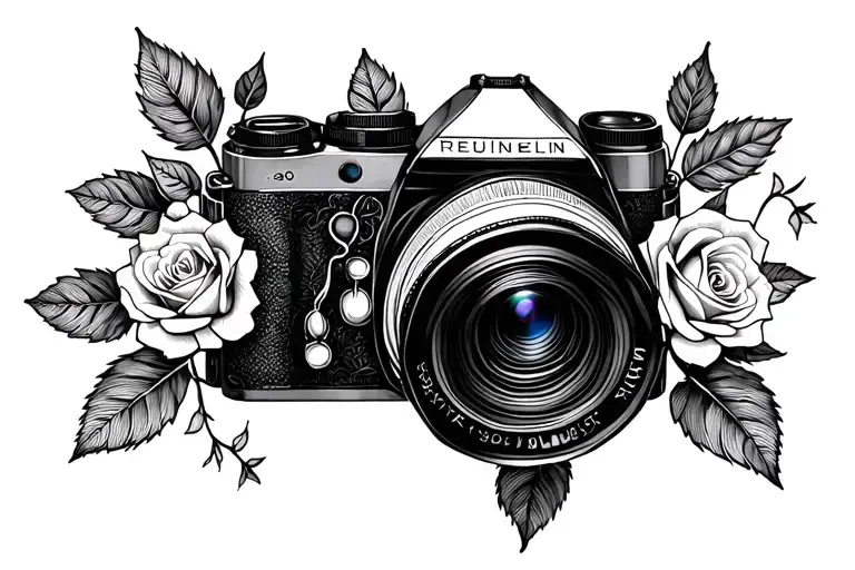 Solid Blackwork Camera Surrounded By Rose And Leaves Intertwined