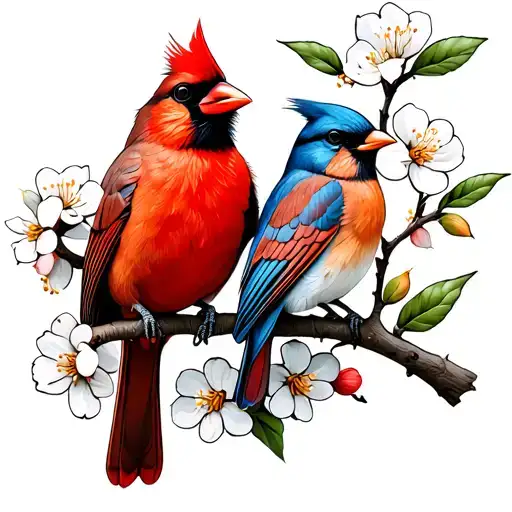 A Cardinal And Eastern Bluebird Sitting On A Flowering Branch