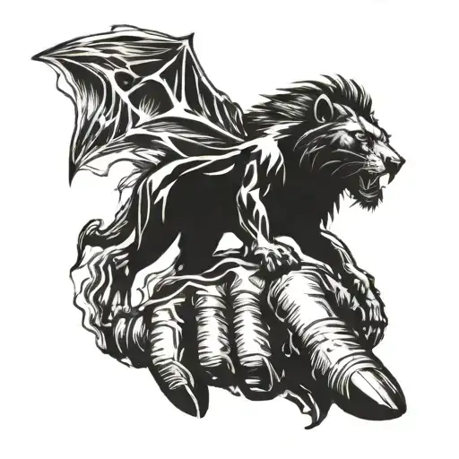 A Mechanical Hand Holding A Bat With Lightning Bolts And A Lion Emerging From The Clouds