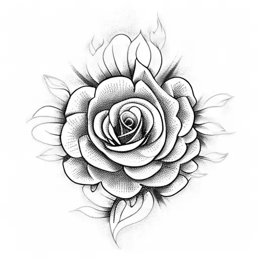 A Blackwork Tattoo Of A Floral Arrangement With Pink Roses And White Daisies