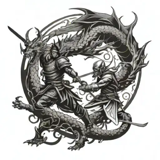 A Dragon And Samurai Warrior Engaged In A Fierce Battle