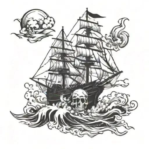 Skull And Pirate Ship Sailing Through Stormy