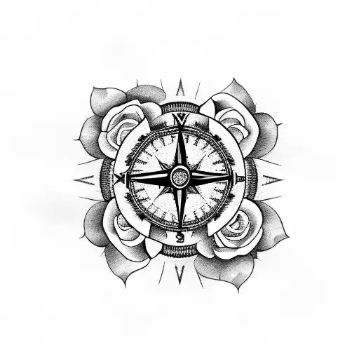 A Blackwork Tattoo Of A Compass Surrounded By Roses
