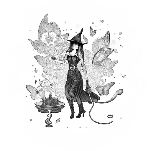 Gothic Witch Brewing A Potion With Flowers And Butterflies