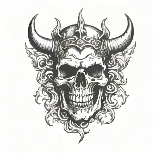 Human Skull With Devil Horns Burning Pierced By A Knife